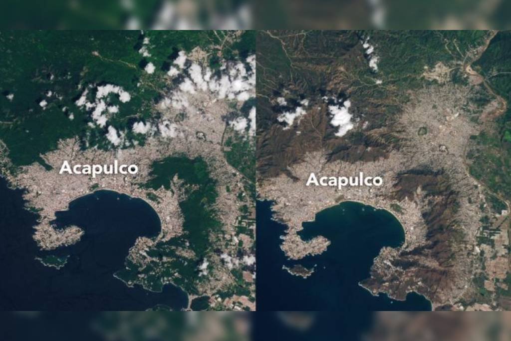 NASA presenta imagenes del antes y despupes del huracán Otis en Acapulco