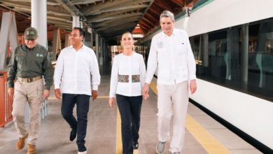 Sheinbaum llega a estación Chetumal del Tren Maya desde Palenque