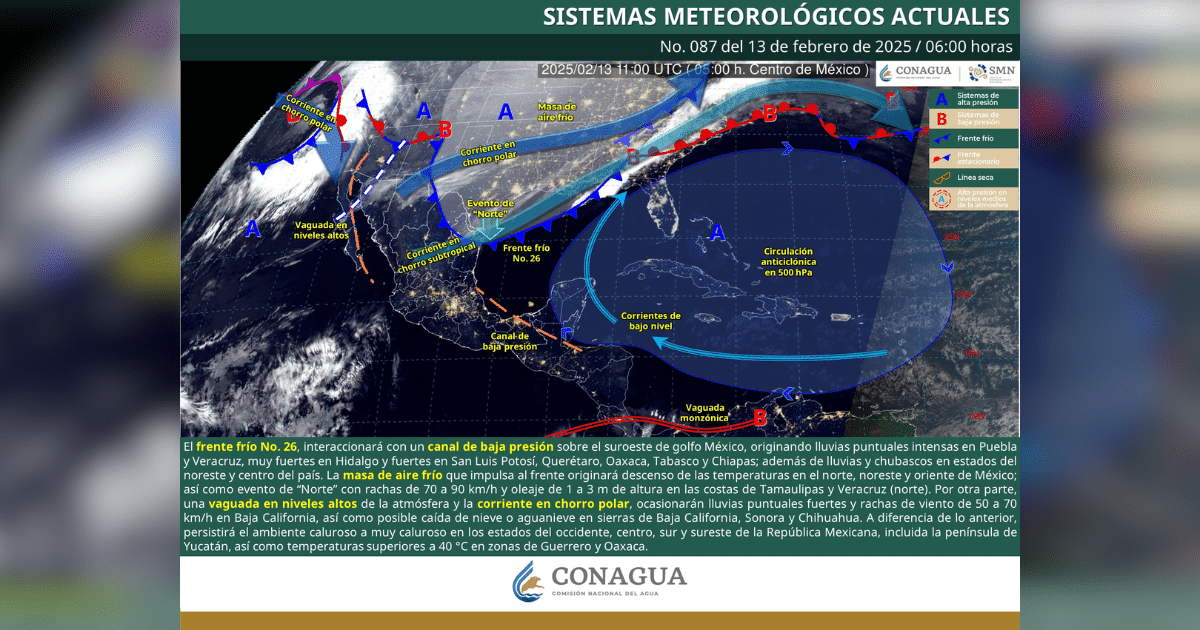 Clima en México Lluvias intensas en Puebla y Veracruz, frío en el norte y calor en el sur