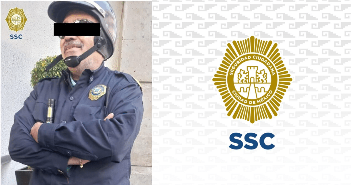 Imagen editada de hombre disfrazado de policía con la insignia de la SSC