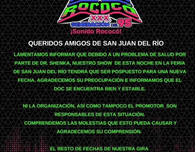 Dr. Shenka hospitalizado,salud vocalista Panteón Rococó,concierto cancelado Feria San Juan del Río 2025,Dr. Shenka preinfarto
