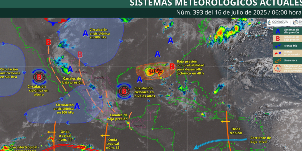 Para hoy, el monzón mexicano en el noroeste del país y una circulación ciclónica en altura frente a costas de la península de Baja California, mantendrán la probabilidad de lluvias puntuales muy fuertes en Chihuahua