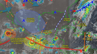 Este día, una zona de baja presión con probabilidad para desarrollo ciclónico frente a las costas de Oaxaca, interaccionará con la onda tropical núm. 33 que se desplazará sobre el sur y gradualmente sobre el centro del país, con una vaguada en altura sobre el sureste del golfo de México