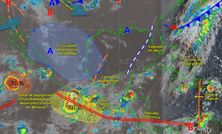 Este día, una zona de baja presión con probabilidad para desarrollo ciclónico frente a las costas de Oaxaca, interaccionará con la onda tropical núm. 33 que se desplazará sobre el sur y gradualmente sobre el centro del país, con una vaguada en altura sobre el sureste del golfo de México