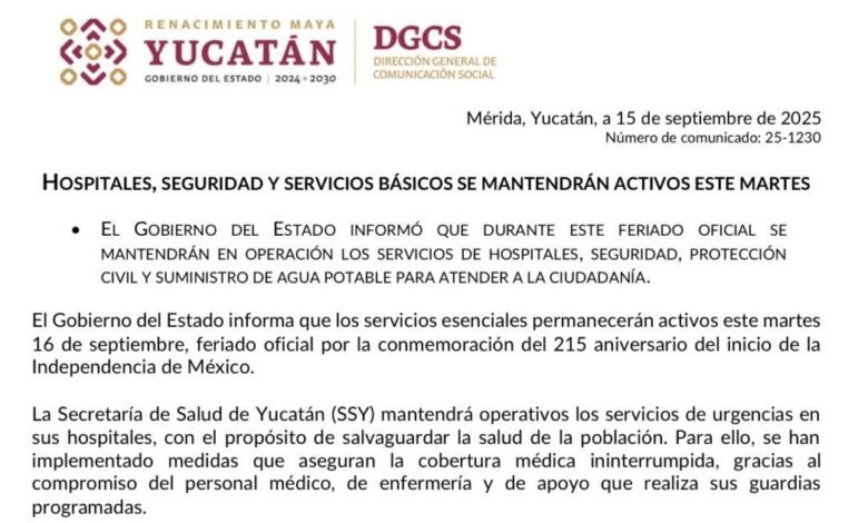 ¿Servicios esenciales operarán con normalidad este 16 de septiembre en Yucatán