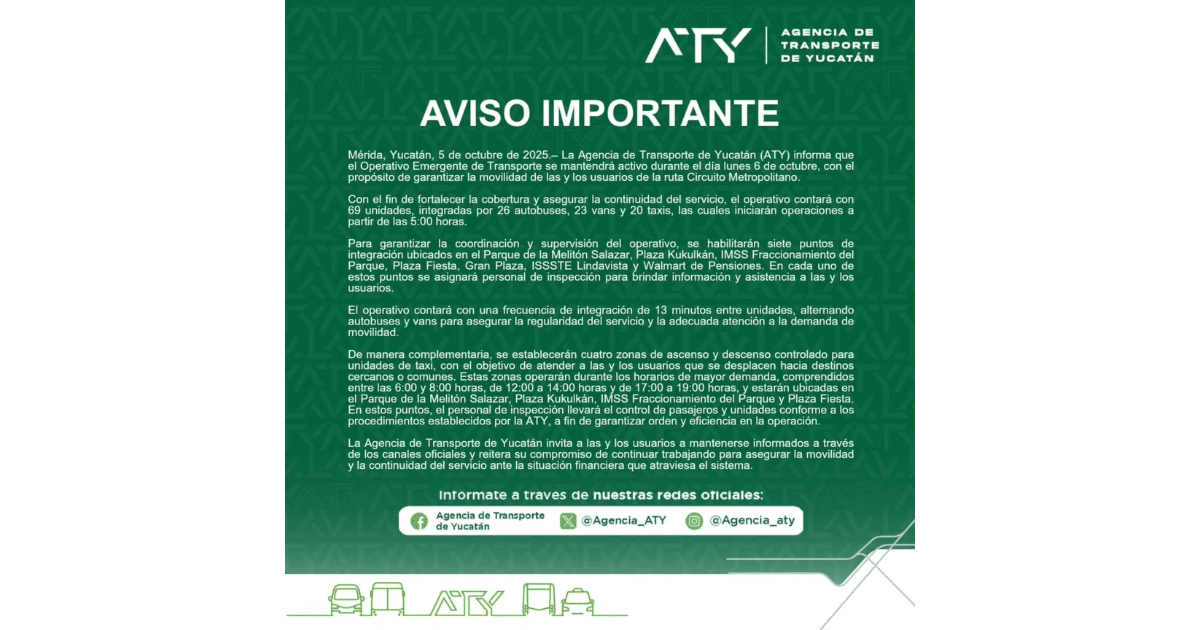 aty mantiene operativo emergente en la ruta circuito metropolitano este lunes