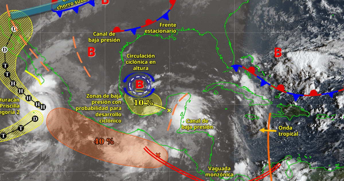 Este día, el huracán Priscilla se desplazará lentamente al sur de Baja California Sur, su circulación y bandas nubosas mantendrán la probabilidad de lluvias muy fuertes a puntuales intensas