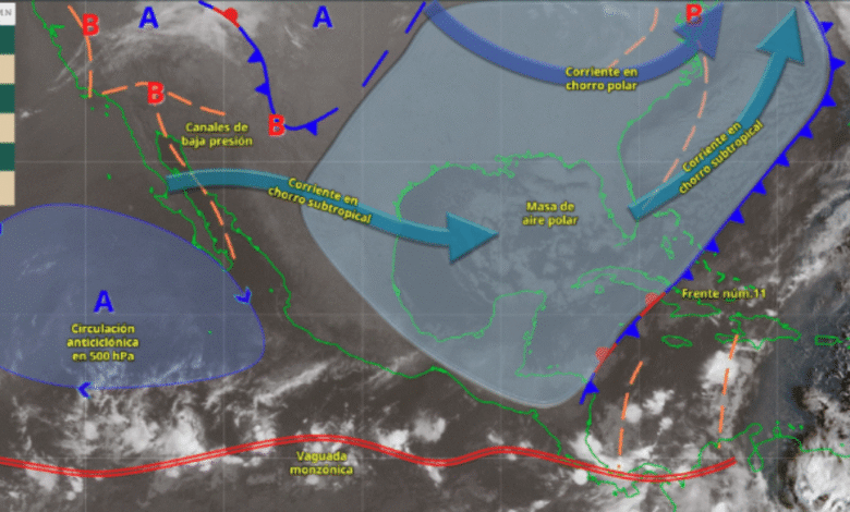 Este día,  la masa de aire polar que generó al frente núm. 11, modificará sus características térmicas al final del día, permitiendo un gradual ascenso de las temperaturas en gran parte del territorio nacional.