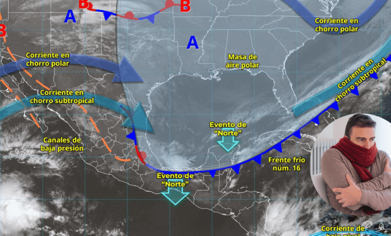 Frente Frío 16 Azota el Sureste Alerta por Lluvias Torrenciales y Heladas en la Mesa Central (Foto SMN/Canva)