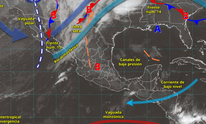 Este día, el frente núm. 15 se desplazará sobre el norte y noreste del país, en interacción con una vaguada polar, la corriente en chorro polar y un río atmosférico, mantendrán ambiente frío a muy frío; vientos muy fuertes a intensos, con rachas de 80 a 90 km/h