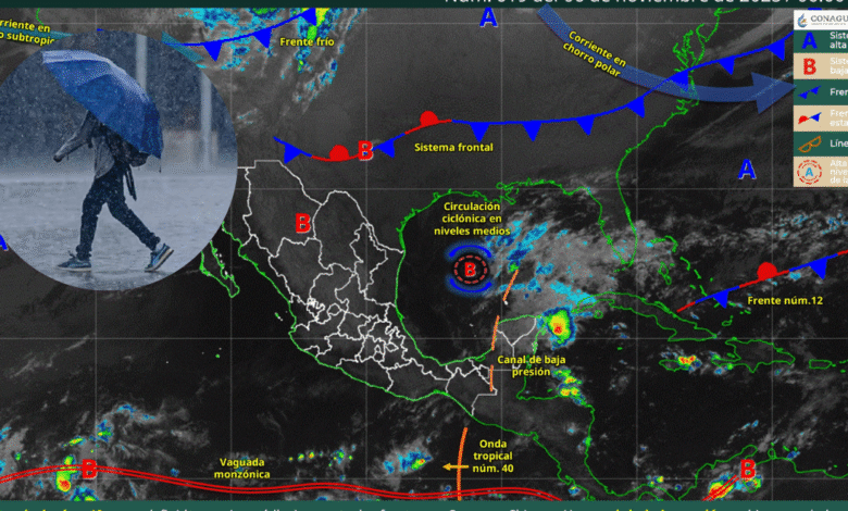 Onda Tropical 40 y canales de baja presión causarán lluvias fuertes en el sureste y la Península de Yucatán