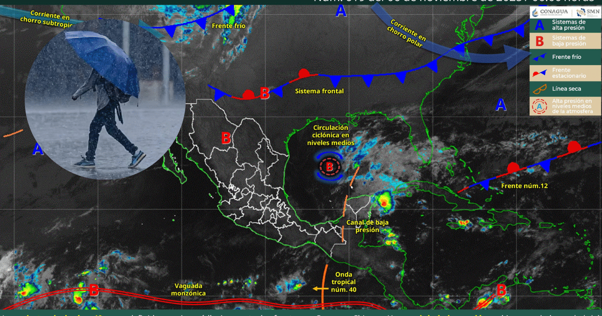 Onda Tropical 40 y canales de baja presión causarán lluvias fuertes en el sureste y la Península de Yucatán