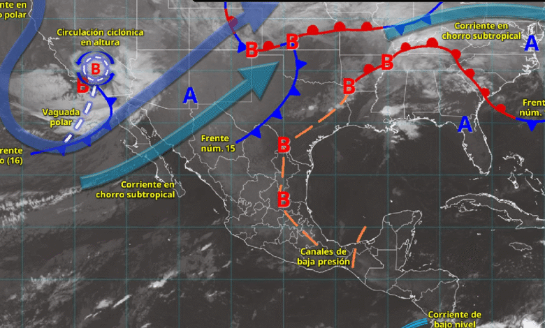 Para hoy, el nuevo frente frío (núm. 16) que se aproximará al noroeste del país, asociado con una circulación ciclónica en altura y con una vaguada polar, en interacción con las corrientes en chorro polar y subtropical, dará origen a la primera tormenta invernal de la temporada.