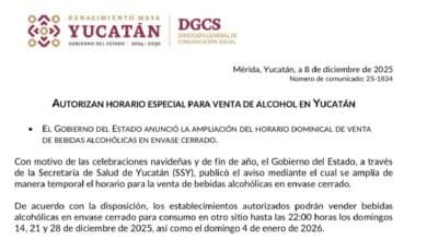 Yucatán amplía horario dominical para venta de alcohol por temporada decembrina