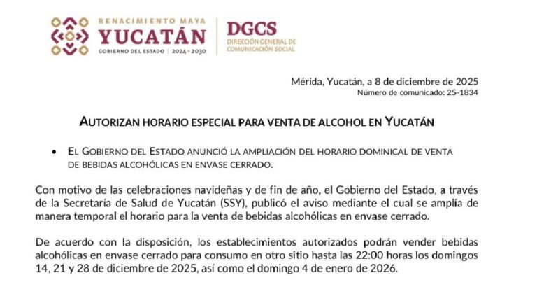 Yucatán amplía horario dominical para venta de alcohol por temporada decembrina