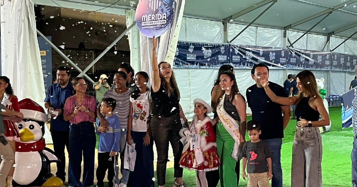 Cecilia Patrón inaugura pista de patinaje sobre hielo en Paseo Montejo como parte del festival “Mérida Brilla”