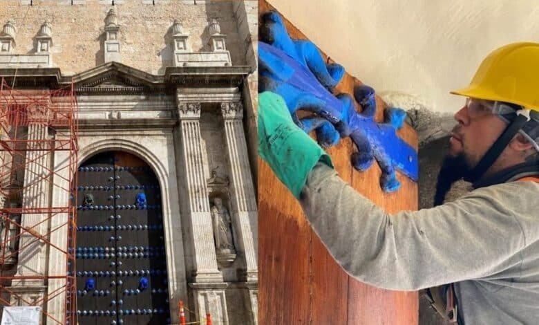 Catedral de Mérida usa por primera vez láser para borrar grafiti sin dañar la piedra