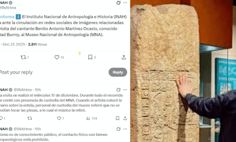 El INAH recordó que está prohibido tocar piezas arqueológicas tras la difusión de una imagen de Bad Bunny junto a una estela en el Museo Nacional de Antropología.