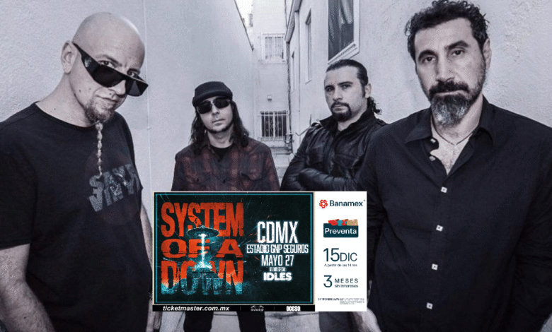 La legendaria banda de rock/metal alternativo System of a Down confirmó un concierto en la Ciudad de México dentro de su gira mundial 2026. La presentación tendrá lugar el 27 de mayo de 2026 en el Estadio GNP Seguros, con la banda británica IDLES como invitada especial.