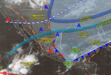 Hoy, el frente núm. 19 se extenderá con características de estacionario sobre la península de Yucatán y el sureste mexicano, ocasionará lluvias puntuales intensas en zonas de Chiapas (norte y este) y Tabasco (sur y sureste); muy fuertes en Veracruz (región Olmeca) y Oaxaca (este), y fuertes en Campeche, Yucatán y Quintana Roo.