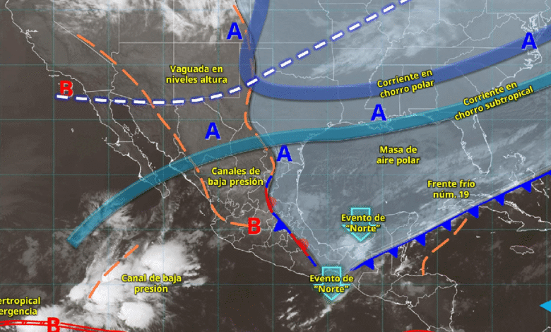 Hoy, el frente núm. 19 se extenderá con características de estacionario sobre la península de Yucatán y el sureste mexicano, ocasionará lluvias puntuales intensas en zonas de Chiapas (norte y este) y Tabasco (sur y sureste); muy fuertes en Veracruz (región Olmeca) y Oaxaca (este), y fuertes en Campeche, Yucatán y Quintana Roo.