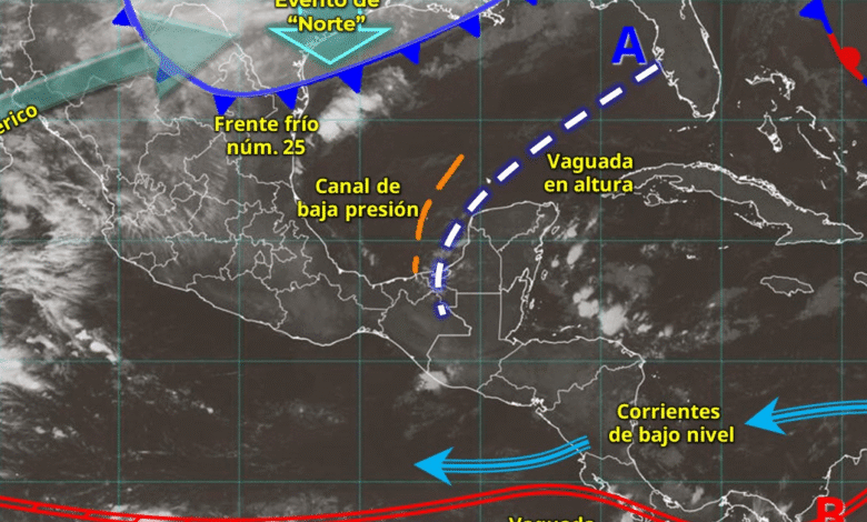 Para hoy, el frente frío núm. 25 se desplazará sobre el litoral del golfo de México, en interacción con un río atmosférico y una vaguada en altura sobre la península de Yucatán, originarán lluvias puntuales intensas