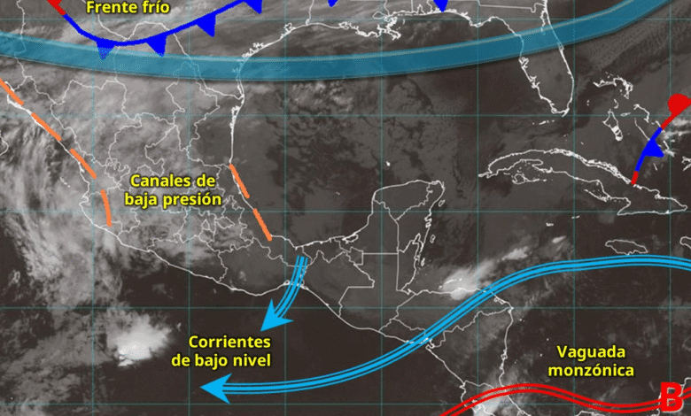 Para hoy, una vaguada en niveles altos de la atmósfera en el noroeste y occidente de la República Mexicana, en combinación con la corriente en chorro subtropical, ocasionarán lluvias puntuales fuertes en Sinaloa, Chihuahua, Coahuila, Durango, Zacatecas y Nayarit.