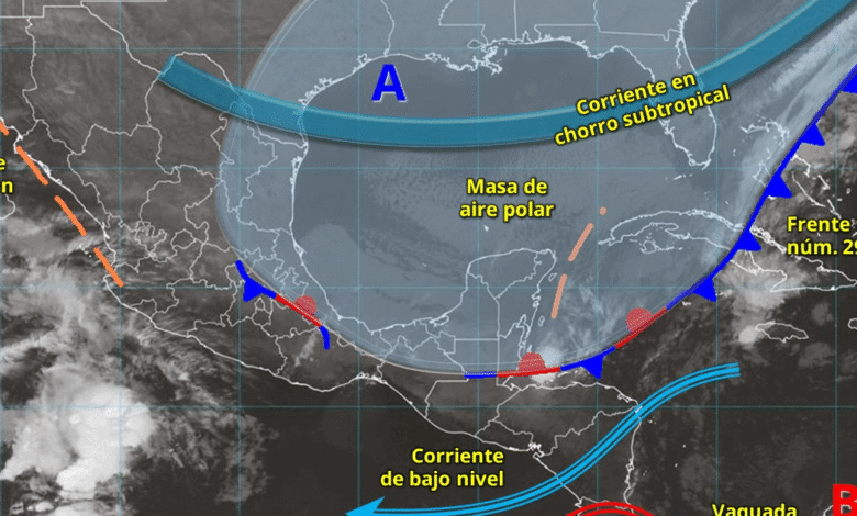 Este día, el frente frío núm. 29 se desplazará sobre el mar Caribe, sin afectar a la República Mexicana, sin embargo, su masa de aire polar cubrirá el golfo de México.