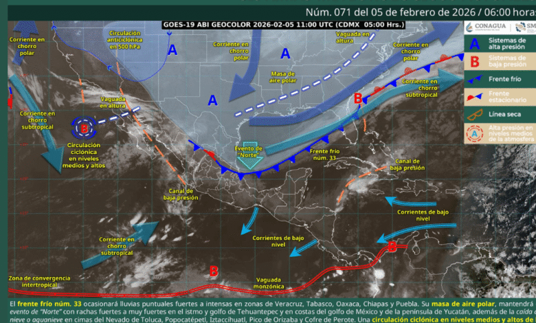Frente frío 33 provoca lluvias intensas y evento de Norte este 5 de febrero en México