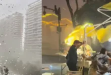 impactante tornado azota china; captan momento en que un poste cae frente a un restaurante