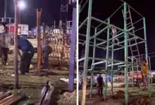 los hombres que levantan los tablados para las corridas en yucatán