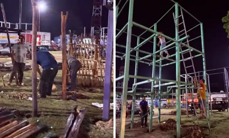 los hombres que levantan los tablados para las corridas en yucatán