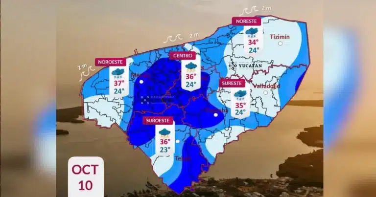 Clima hoy en Yucatán, lluvias fuertes por la tarde y calor de hasta 36 grados